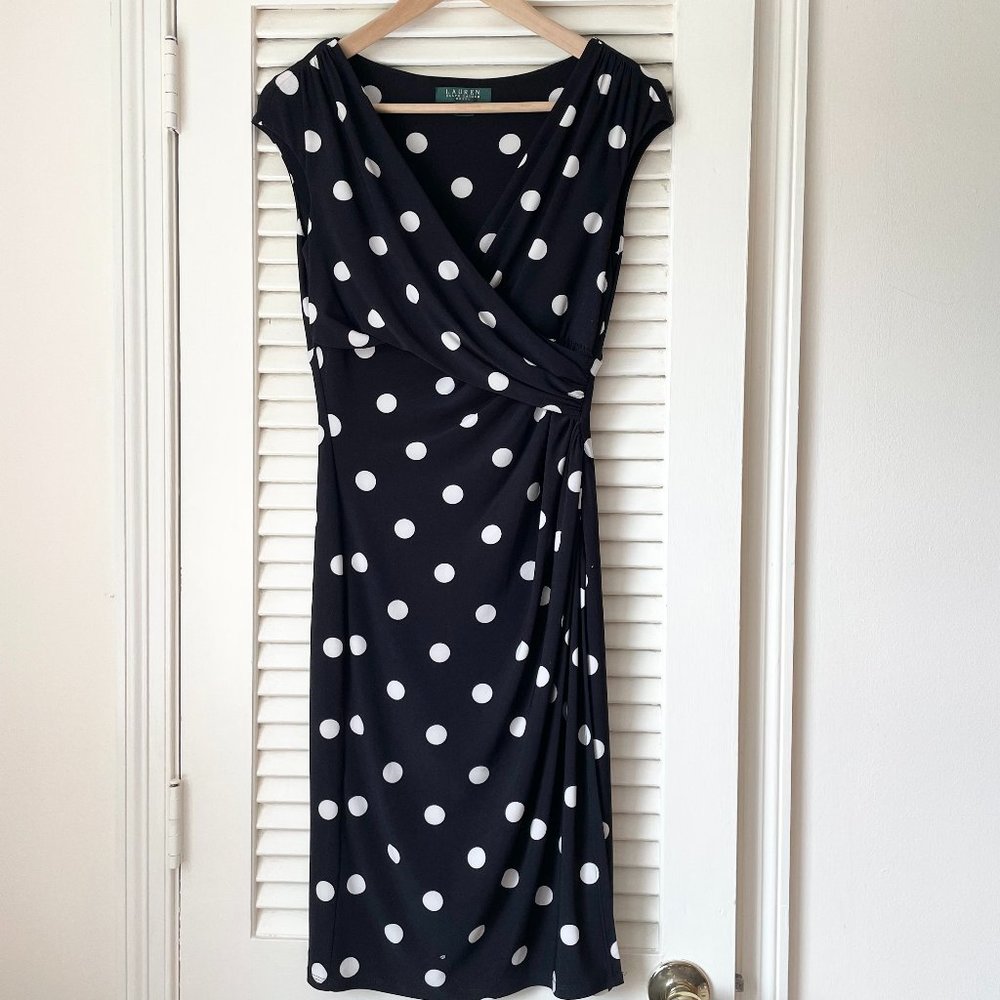 Lauren Ralph Lauren Black White Polka Dot Sleeveless V-Neck Ruched Dress Size 4